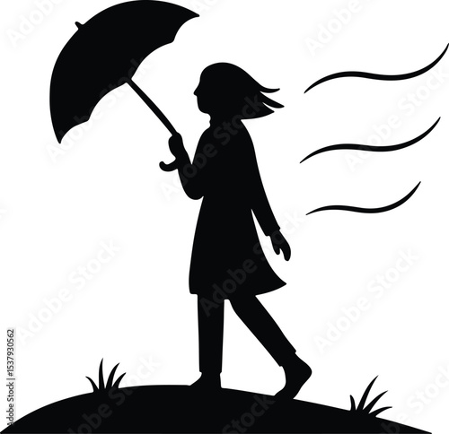 Silhouette woman with umbrella walking in wind vector illustration