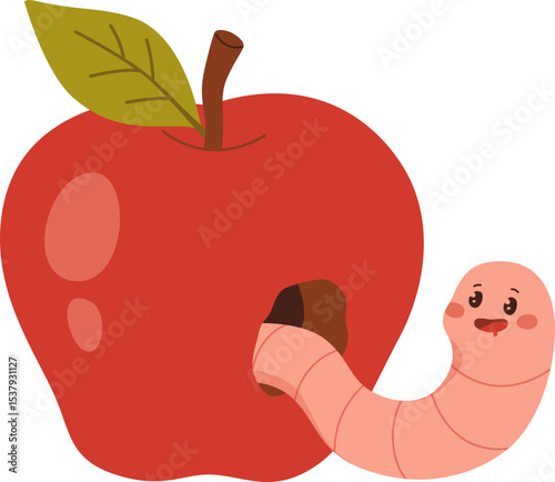 Cute Cartoon Worm with Apple


