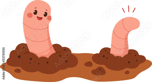 Cute Cartoon Worms in Soil

