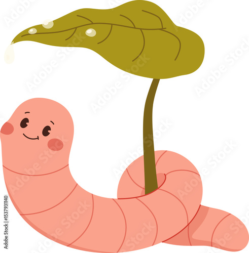 Cute Cartoon Worm with Leaf Illustration


