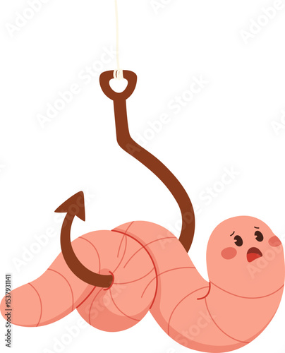 Cute Cartoon Worm on a Fishing Hook

