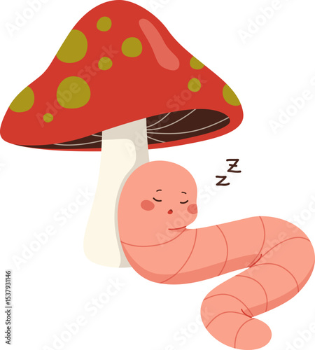 Cute Cartoon Worm Sleeping Under Mushroom


