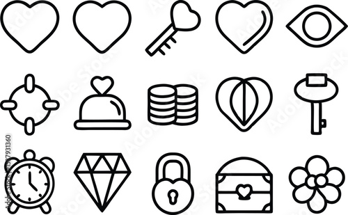 Solid filled icon set depicting treasure chamber objects for design projects