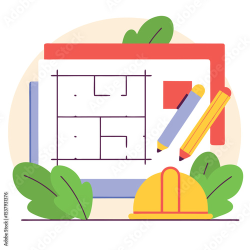 A blueprint displays architectural plans with a pencil and hard hat near surrounding greenery