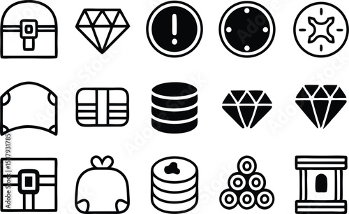 Solid filled treasure chamber icons design set for digital projects