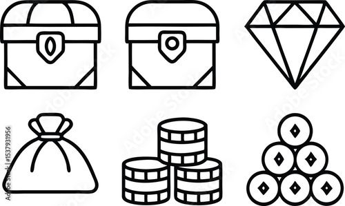 Solid filled icon set depicting treasure chamber elements for design projects