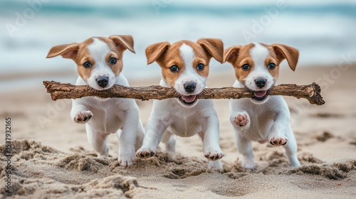 Three puppies run together on a sandy beach, each holding onto a small tree branch