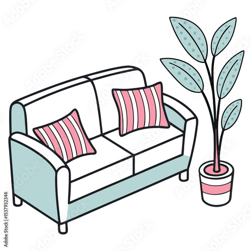A white and light blue sofa with pink striped cushions sits beside potted plant