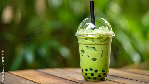 Refreshing Matcha Bubble Tea with Tapioca Pearls on a Wooden Table Outdoor