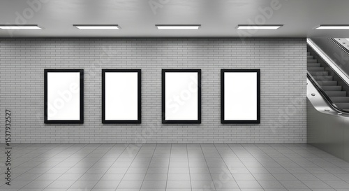 Four blank vertical mock up posters hanging in an empty subway station with escalator, advertising concept