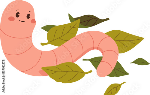 Cute Cartoon Worm Surrounded by Leaves

