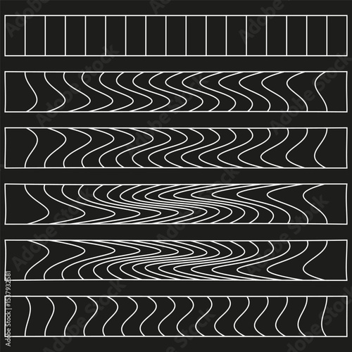 Wave distortion band. Optical stripe pattern. White abstract lines. Vector contrast background.