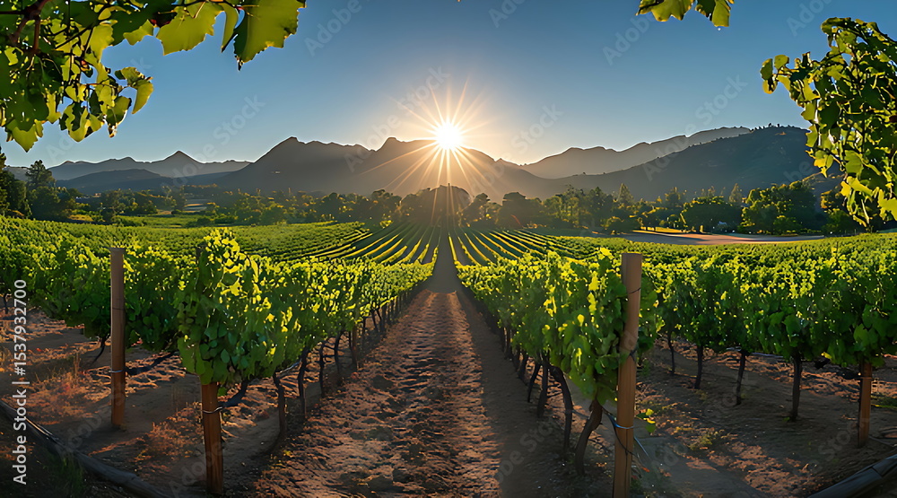 Naklejka premium Vineyard with grape vines in the sun background
