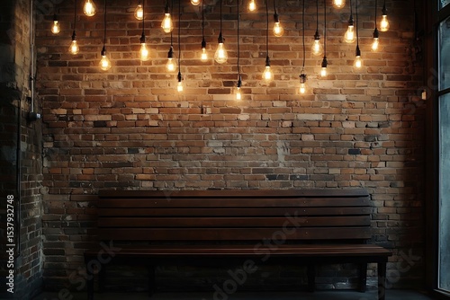 Glowing Edison bulbs hang above a wooden bench against a textured brick wall indoors