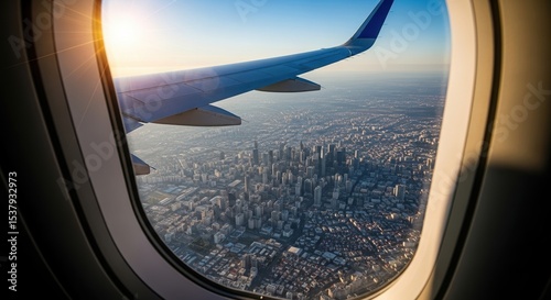 Airplane wing gliding over Los Angeles during a vibrant sunset, captured from a passenger window, revealing the sprawling cityscape below photo