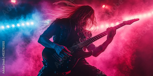 A long-haired guitarist shreds on stage during a vibrant rock concert.