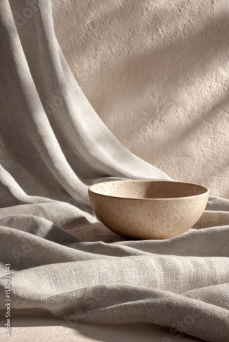 Minimalist bowl placed on textured fabric backdrop showcasing simplicity and elegance