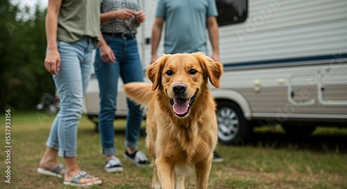 Happy Golden Retriever Dog with Family and Camper