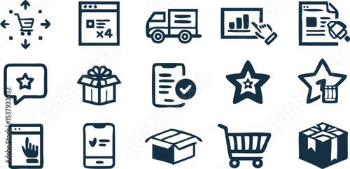 E commerce and Online Shopping Icons Order Tracking Delivery Gift Boxes Reviews and Shopping Cart Simplicity
