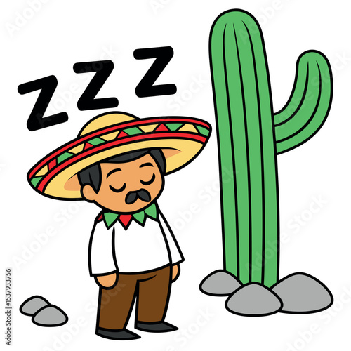 Cartoon Mexican man wearing sombrero is peacefully sleeping near a tall cactus