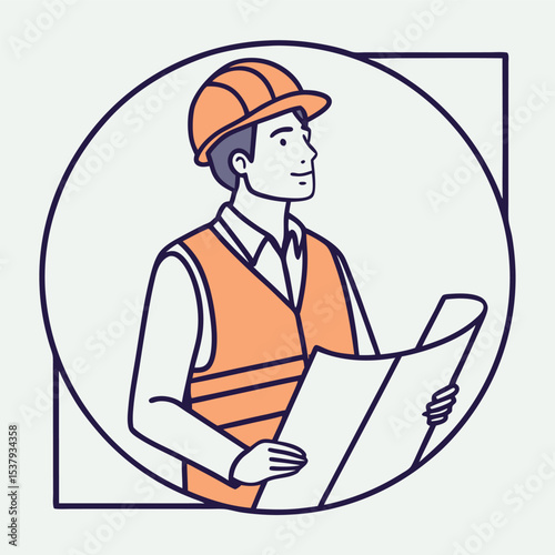 Construction worker wearing a hardhat looking at a blueprint stands centered in style