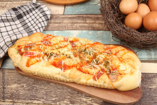 pizza on wooden table