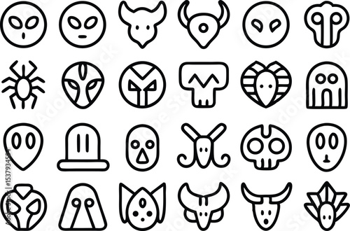 Outline icon set featuring underworld creatures a single design of stylized mythological beings