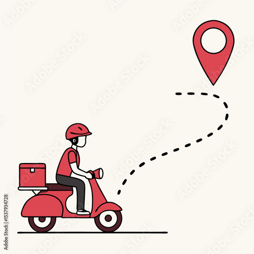 Delivery man on red scooter is heading towards destination location with transparent background