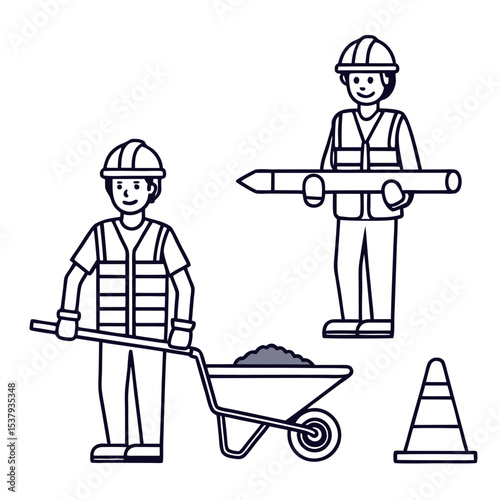 Line drawing shows two men with wheelbarrow, pipe, and cone ready for construction work