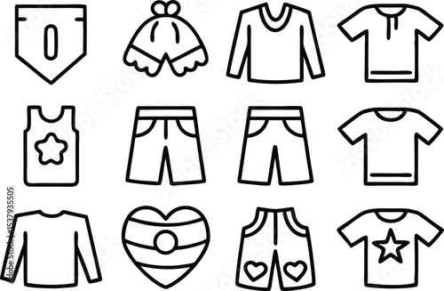 Outline icon set featuring upcycled clothing garments for sustainable fashion design projects
