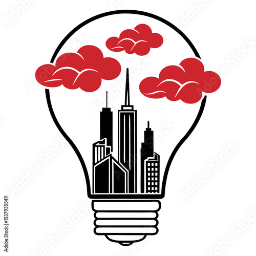 Skyline within bulb shines with innovative idea above city clouds on transparent background
