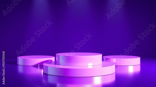 Three empty round podiums illuminated by spotlights on purple background