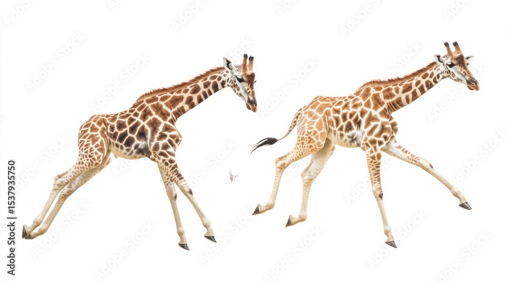 Obraz premium Two giraffes suspended midair against white backdrop, legs extended, tails flicking