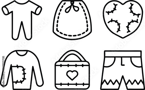 Outline icon set of upcycled clothing items for sustainable fashion design projects