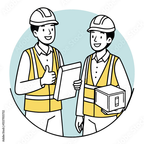 Smiling construction workers wearing safety vests happily holding document and box against blue background