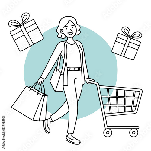 Smiling woman strolls with shopping bags and a trolley, gifts floating on transparent background