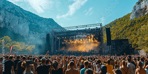 A massive crowd enjoys a vibrant outdoor music festival set against a breathtaking backdrop of majestic mountains.