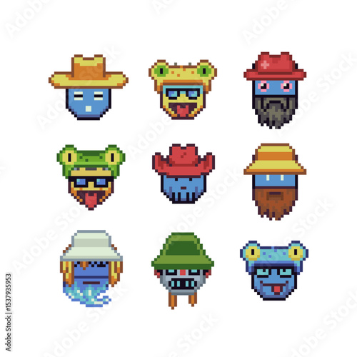 Abstract funny bearded man face in hat happy pixel art icon set, cheerful cartoon character. 8-bit flat style. Isolated abstract vector illustration.