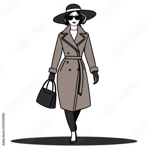 Stylish woman in trench coat and sunglasses confidently walks with bag, transparent background