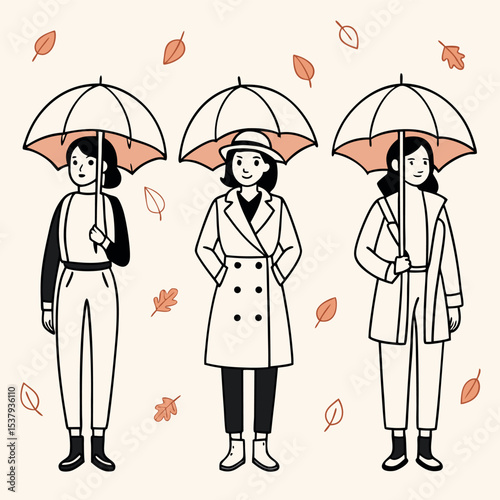 Three stylish women stand with umbrellas as autumn leaves fall around them cheerfully