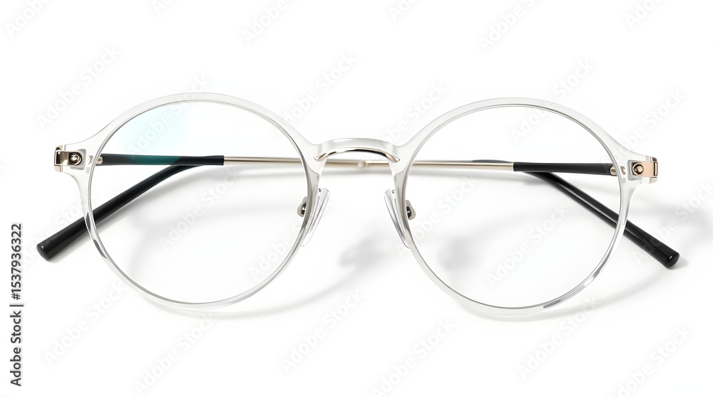 Modern clear eyeglasses resting on white background Modern clear eyeglasses resting on white background