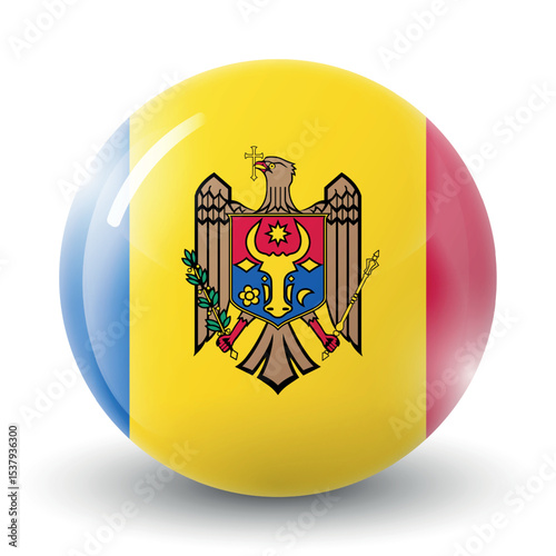Glass light ball with flag of Moldova. Round sphere, template icon. Moldavian national symbol. Glossy realistic ball, 3D abstract vector illustration. Big bubble.