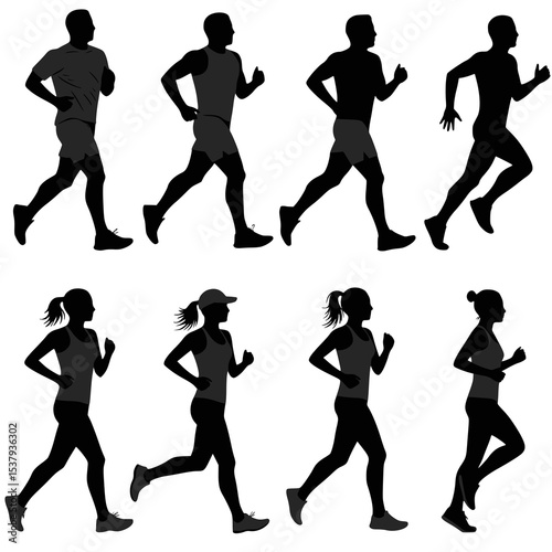 Running men and women, isolated vector silhouettes. Run, side view. Silhouettes of athletic looking male and female runners running. Transparent PNG version.