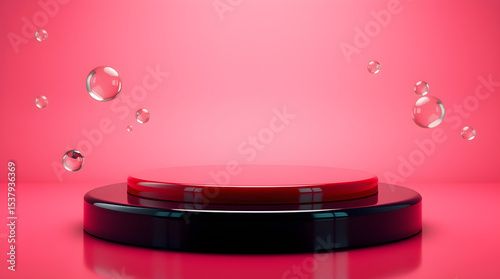 Red and black podium with floating bubbles on pink background
