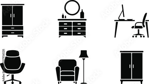  Furniture and Home Interior Icons Set. Modern Living Spaces vector illustration.