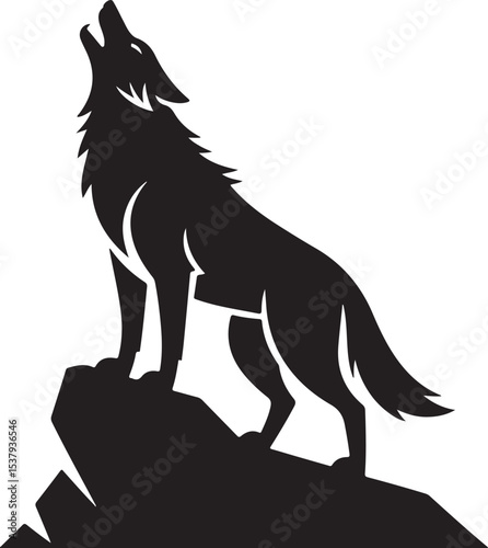 Howling Wolf Silhouette on Rock – Bold Black and White Vector with Smooth Edges