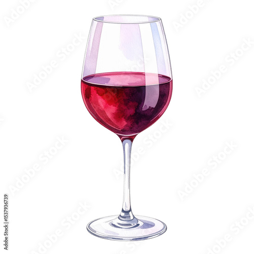 A hand painted watercolor illustration of a classic stemmed glass filled with deep red wine, perfect for beverage menus or celebration designs.