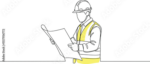 Construction engineer line art, architect wearing safety vest and helmet, blueprint plan sketch, civil site inspector drawing, project manager illustration, building plan professional