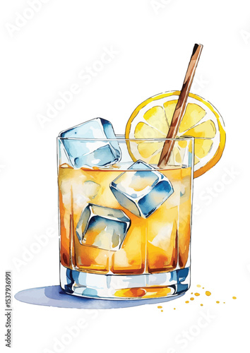 A Hand-painted watercolor illustration of a refreshing summer cocktail. Vibrant watercolor illustration of a cocktail glass filled with ice cubes, a refreshing orange-yellow liquid, a lemon slice, and