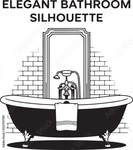 Elegant Bathroom Silhouette Vector Set – Clawfoot Bathtub, Mirror, Towel Rack in Black and White